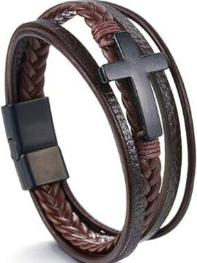 NEW Metal Cross with Leather Bracelet Alloy Religious‎ Jewelry for Women or Men